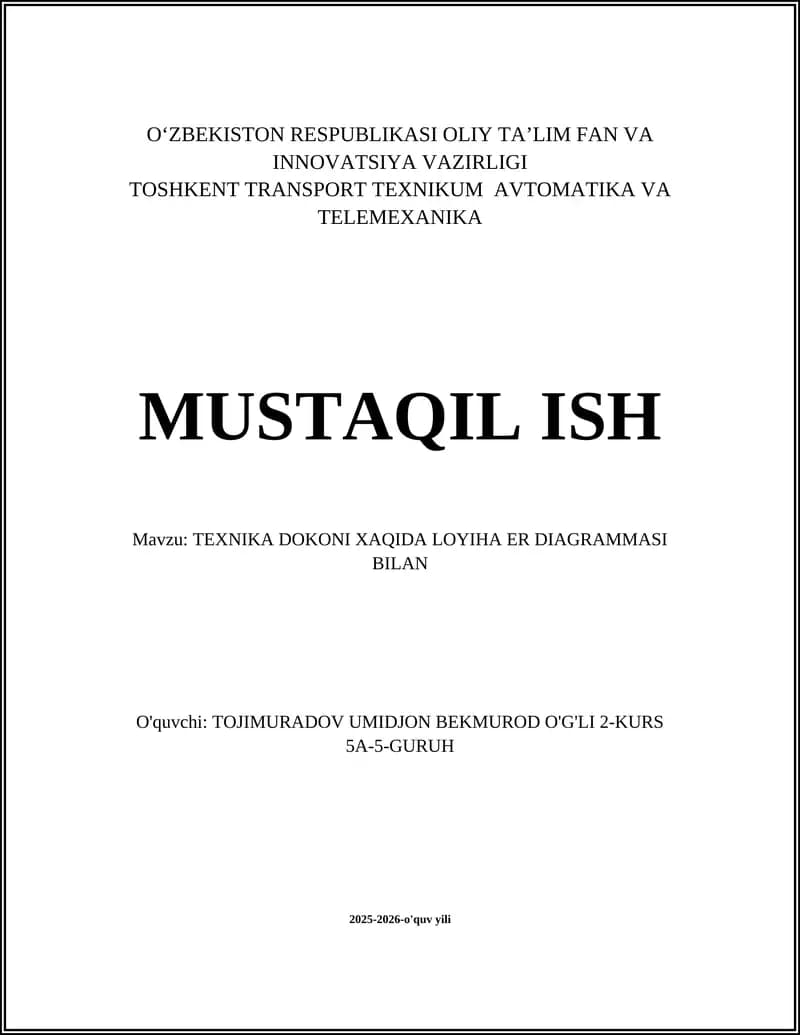 TEXNIKA DOKONI XAQIDA LOYIHA ER DIAGRAMMASI BILAN