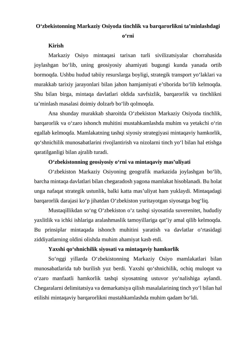 Oʻzbekistonning Markaziy Osiyoda tinchlik va barqarorlikni ta’minlashdagi oʻrni