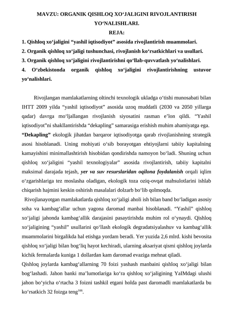 Organik Qishloq Xo‘jaligini Rivojlantirish Yo‘nalishlari
