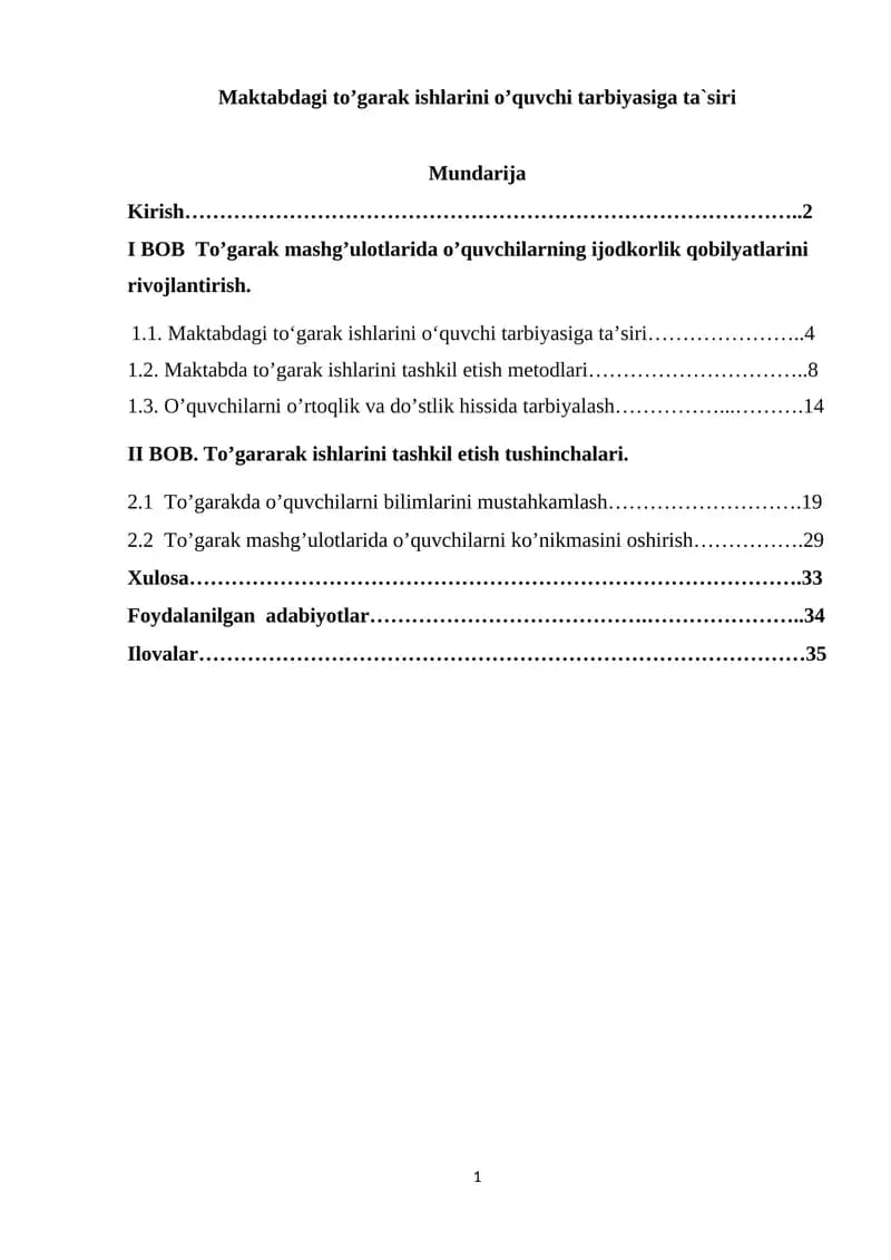 Maktabdagi to’garak ishlarini o’quvchi tarbiyasiga ta`siri