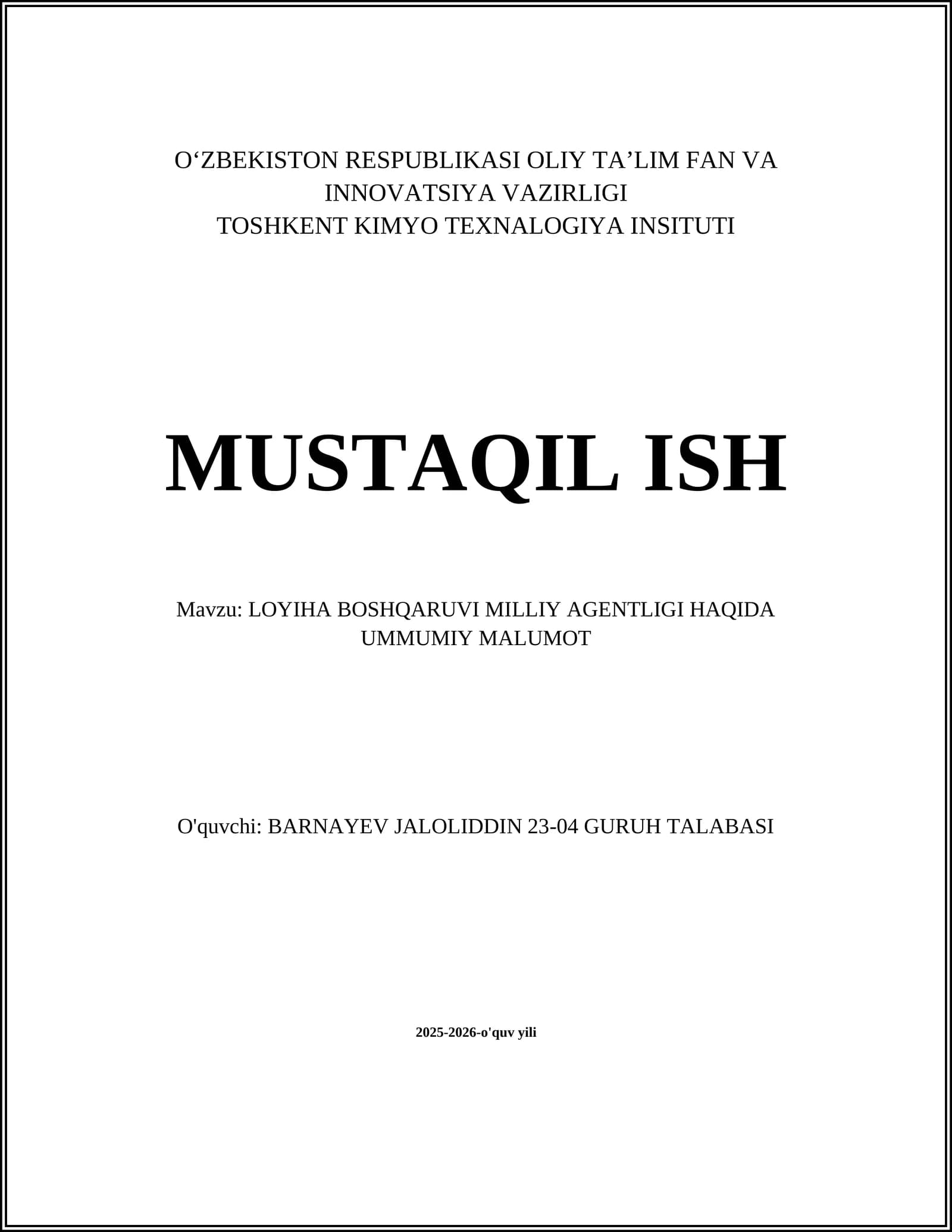 LOYIHA BOSHQARUVI MILLIY AGENTLIGI HAQIDA UMMUMIY MALUMOT