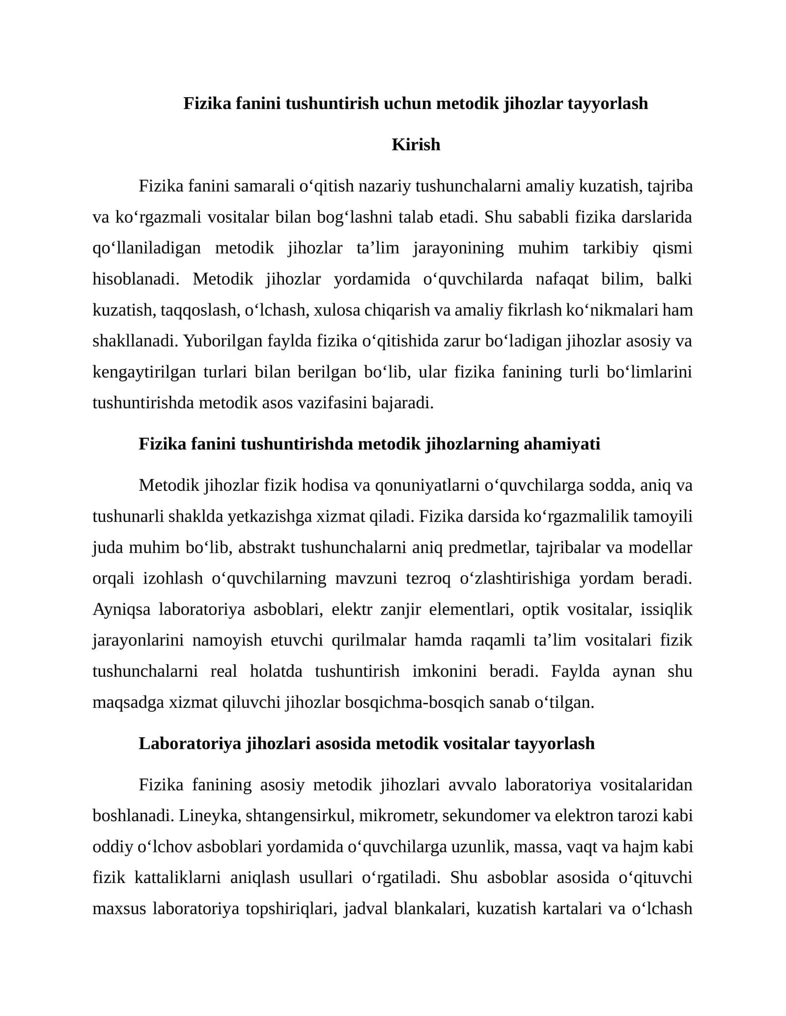 Fizika fanini tushuntirish uchun metodik jihozlar tayyorlash