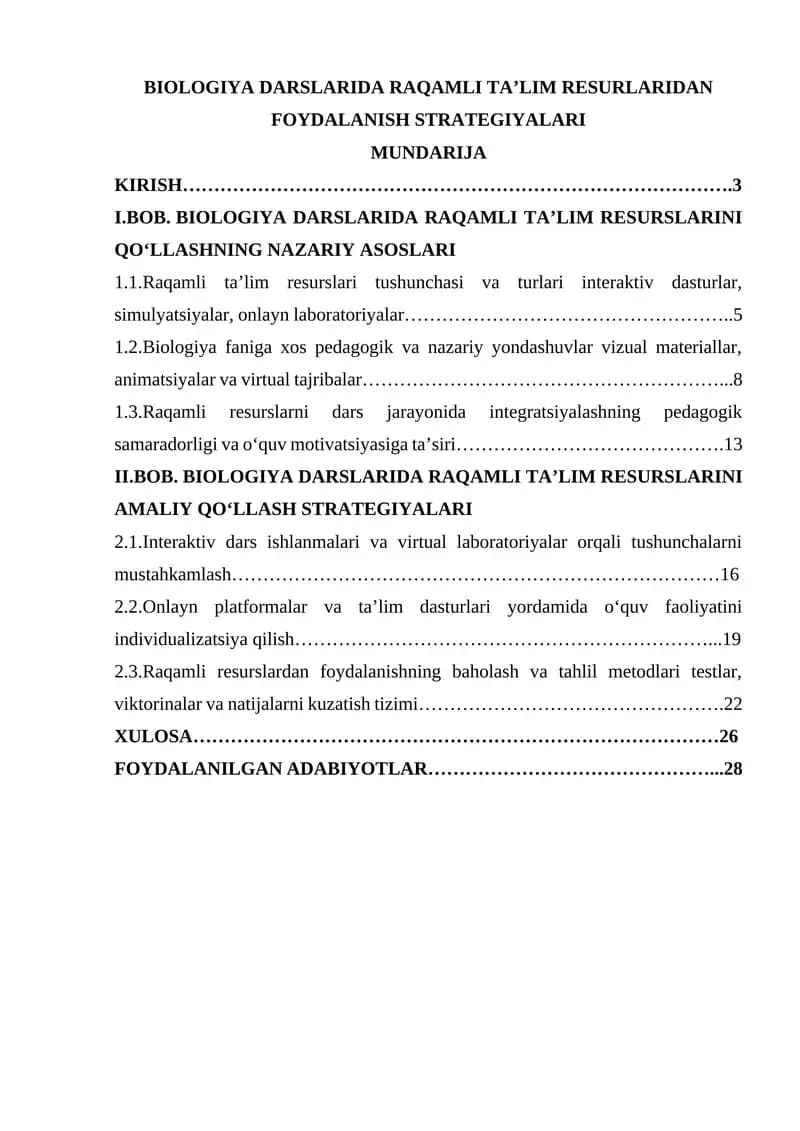 BIOLOGIYA DARSLARIDA RAQAMLI TA’LIM RESURLARIDAN FOYDALANISH STRATEGIYALARI