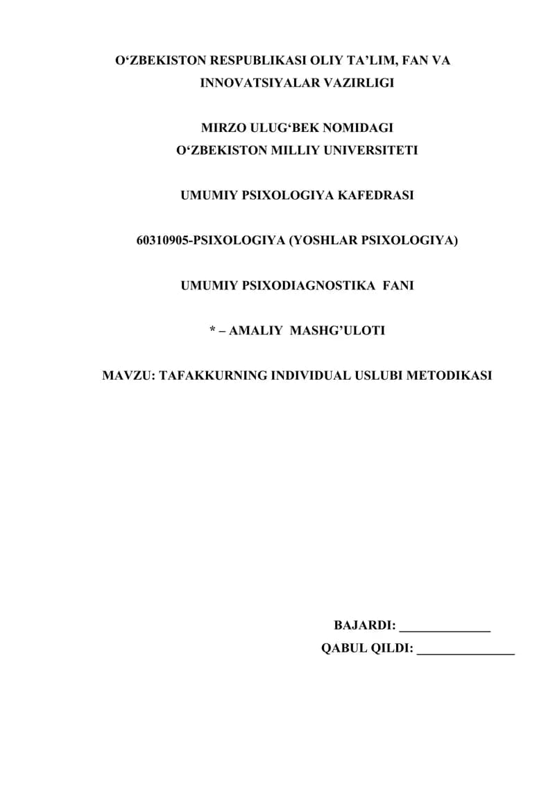 TAFAKKURNING INDIVIDUAL USLUBI METODIKASI