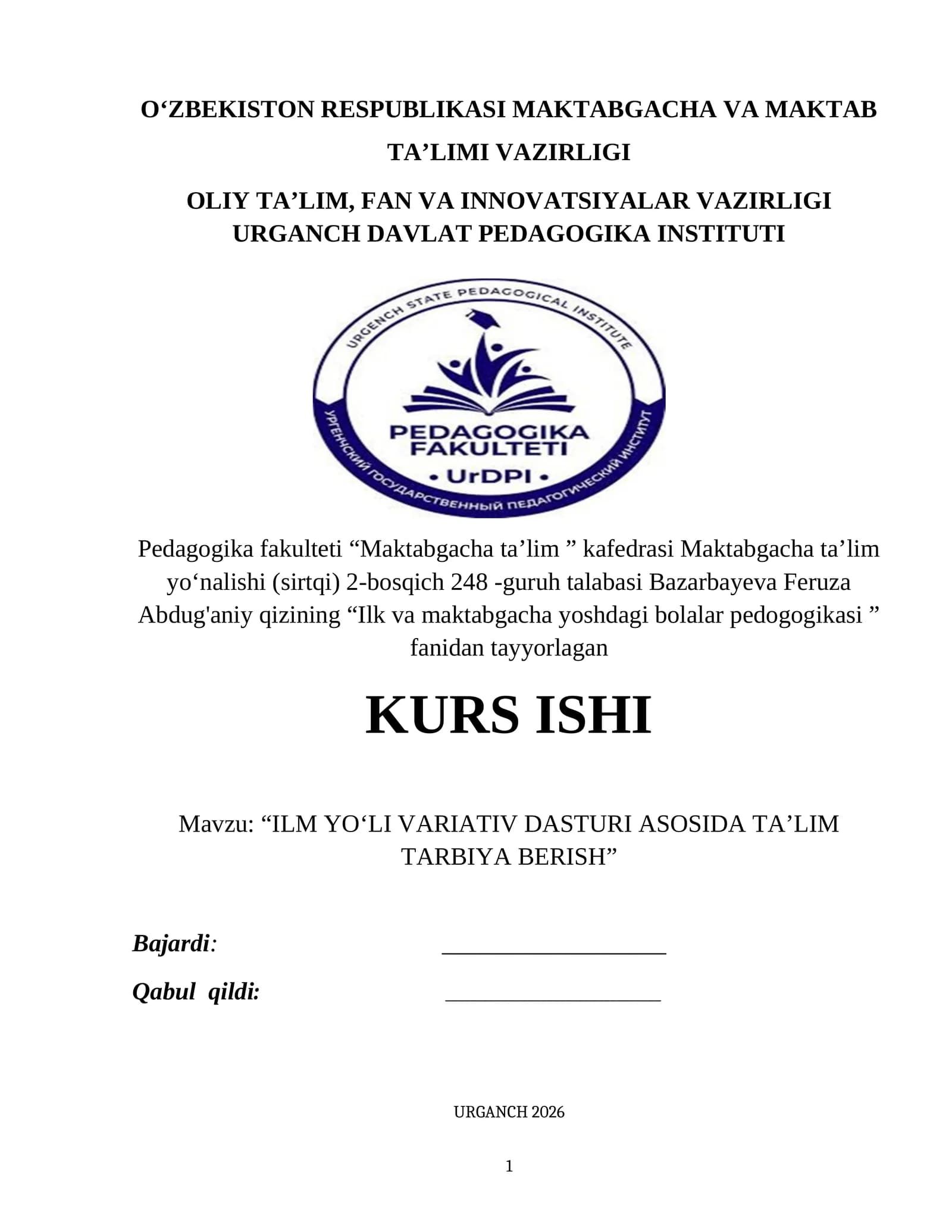 ILM YOʻLI VARIATIV DASTURI ASOSIDA TA’LIM TARBIYA BERISH