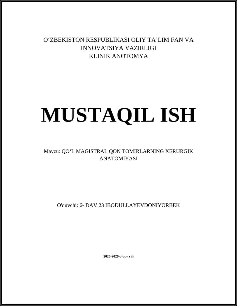QOʻL MAGISTRAL QON TOMIRLARNING XERURGIK ANATOMIYASI