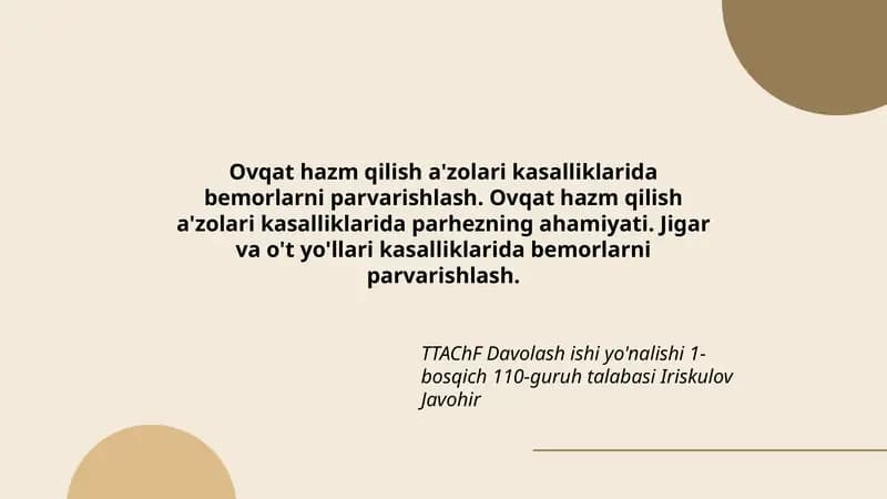 TTAChF Davolash ishi yo'nalishi 1-bosqich 110-guruh talabasi Iriskulov Javohir