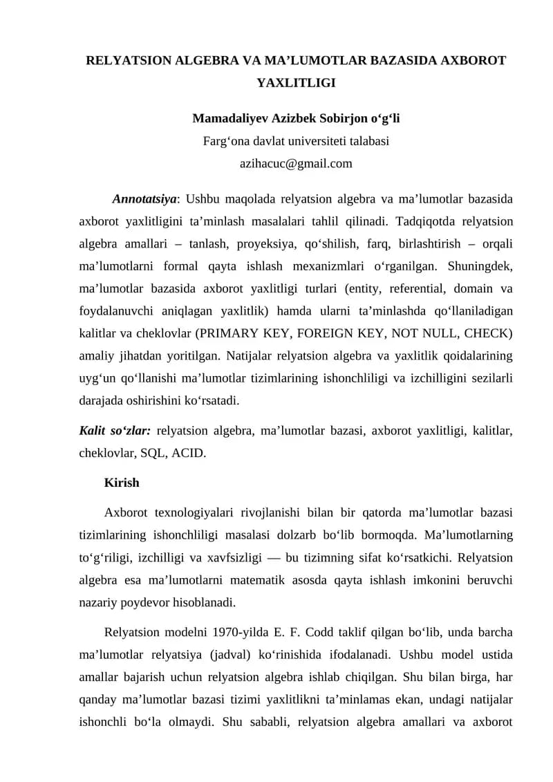 RELYATSION ALGEBRA VA MA’LUMOTLAR BAZASIDA AXBOROT YAXLITLIGI