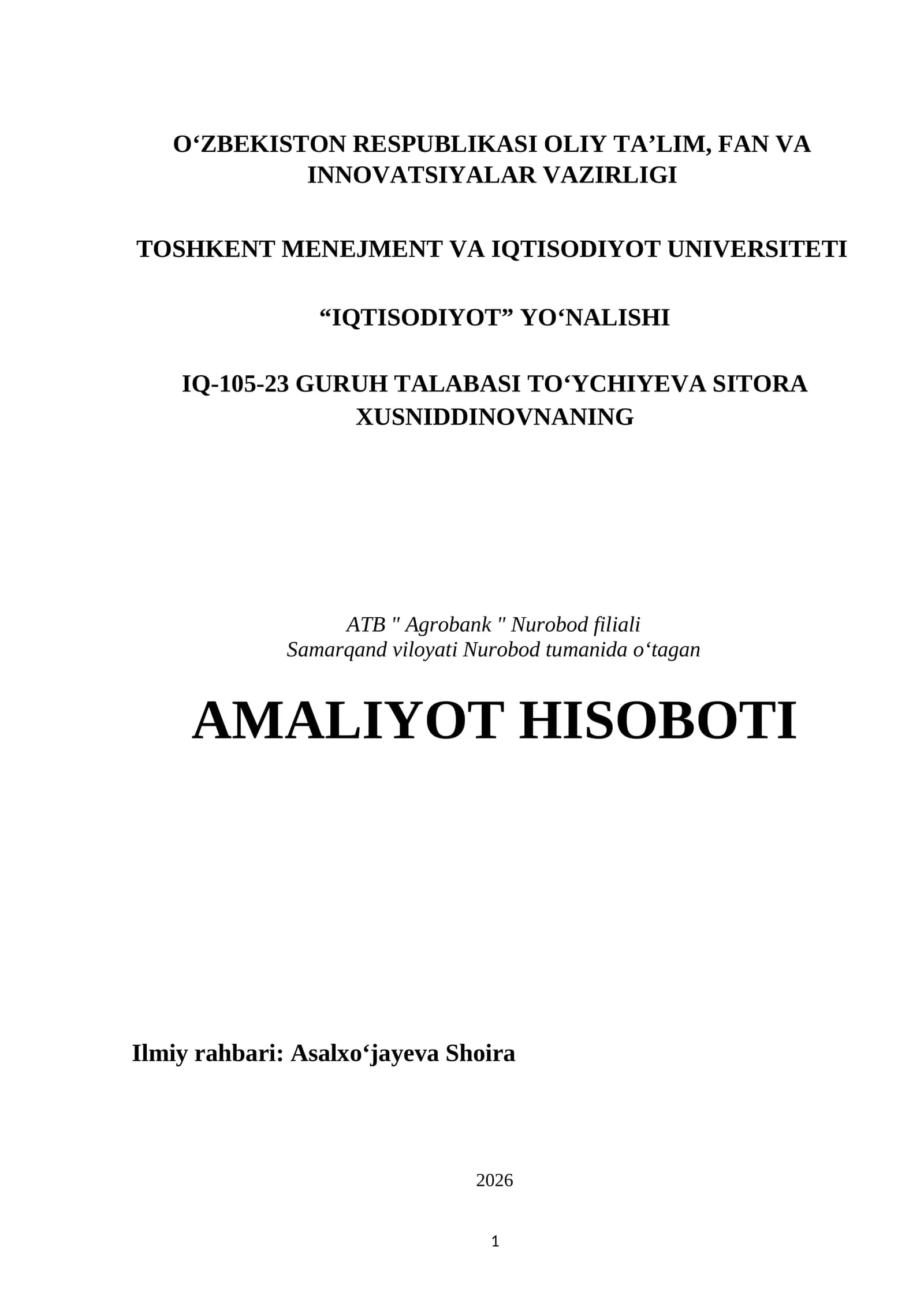 ATB "Agrobank" Nurobod filialida o‘tagan AMALIYOT HISOBOTI