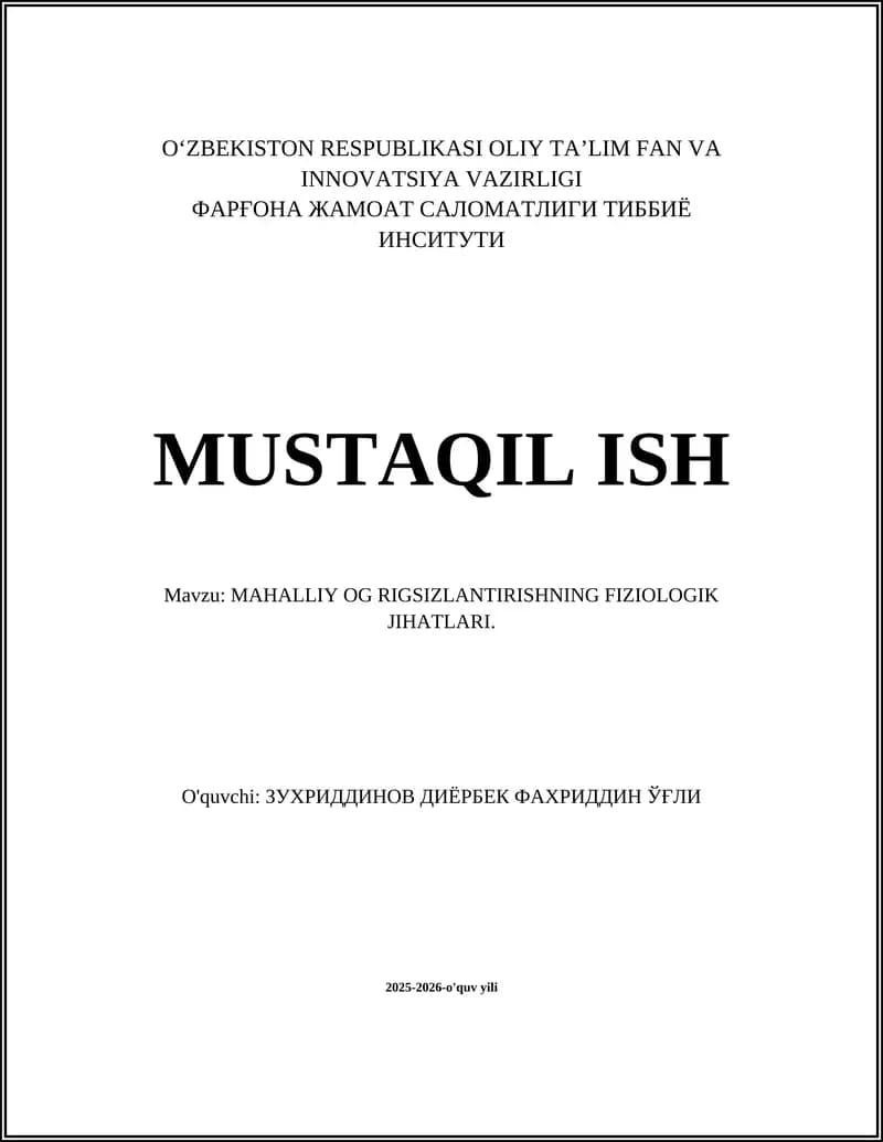 MAHALLIY OG RIGSIZLANTIRISHNING FIZIOLOGIK JIHATLARI