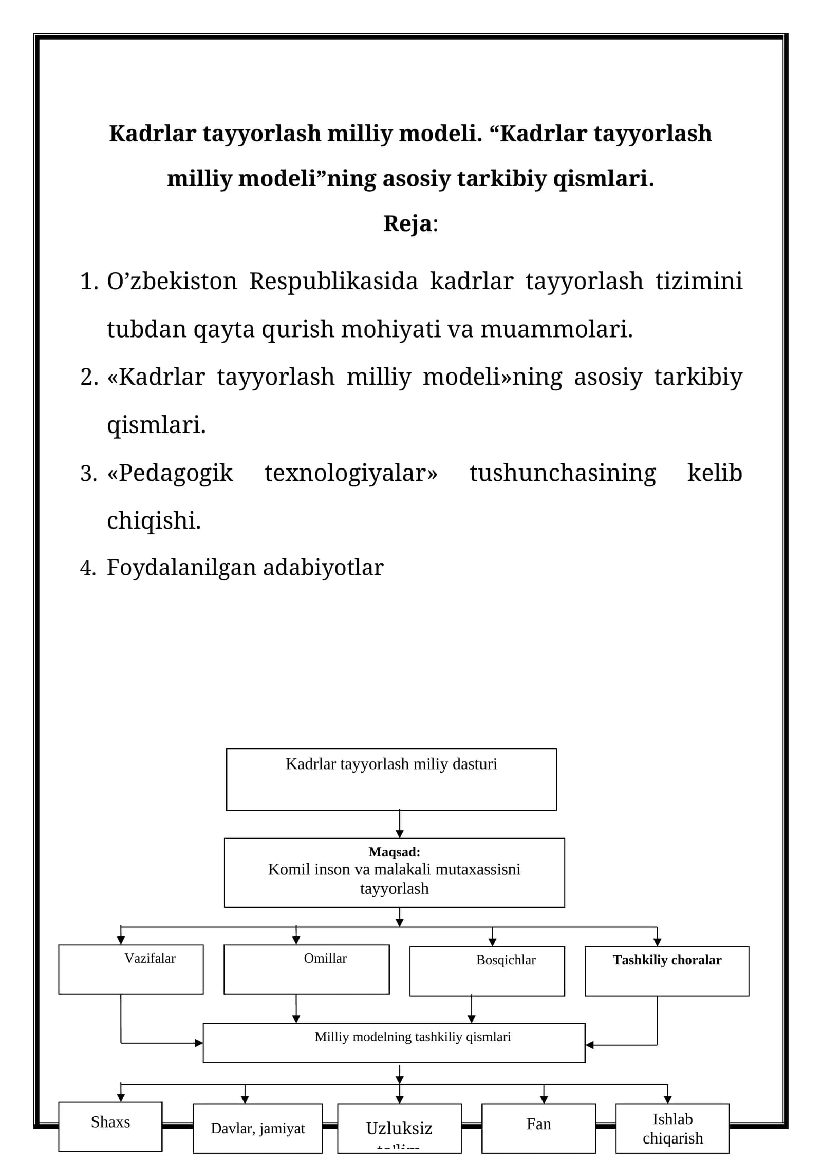 Kadrlar tayyorlash milliy modeli. “Kadrlar tayyorlash milliy modeli”ning asosiy tarkibiy qismlari.