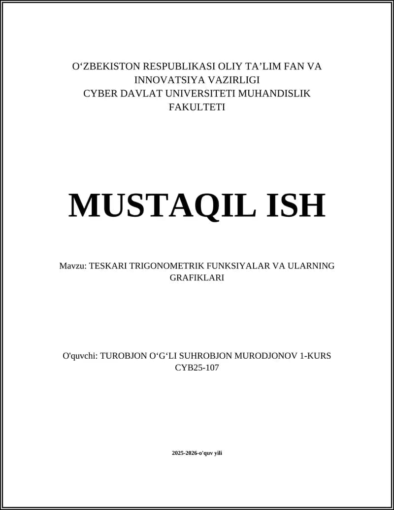 TESKARI TRIGONOMETRIK FUNKSIYALAR VA ULARNING GRAFIKLARI
