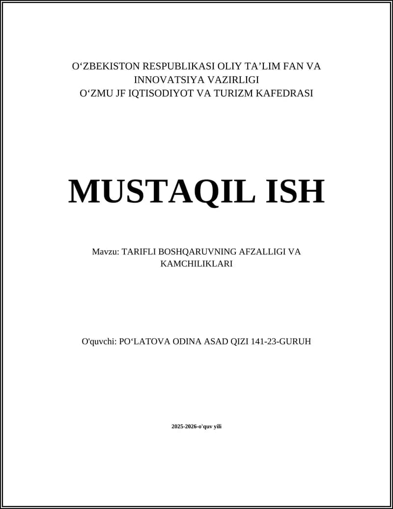 TARIFLI BOSHQARUVNING AFZALLIGI VA KAMCHILIKLARI