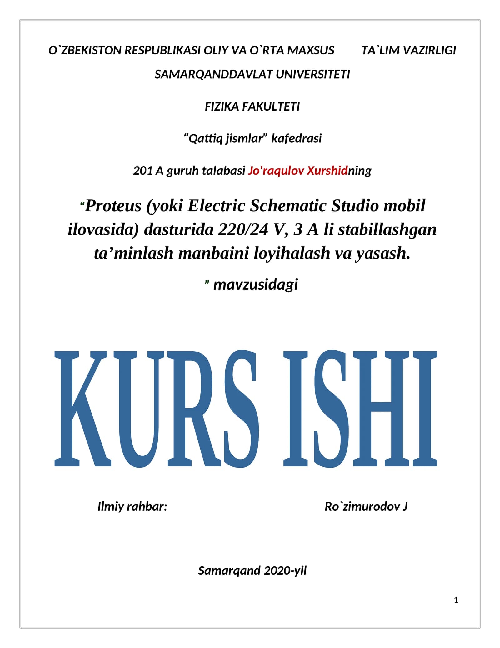 Proteus (yoki Electric Schematic Studio mobil ilovasida) dasturida 220/24 V, 3 A li stabillashgan ta’minlash manbaini loyihalash va yasash