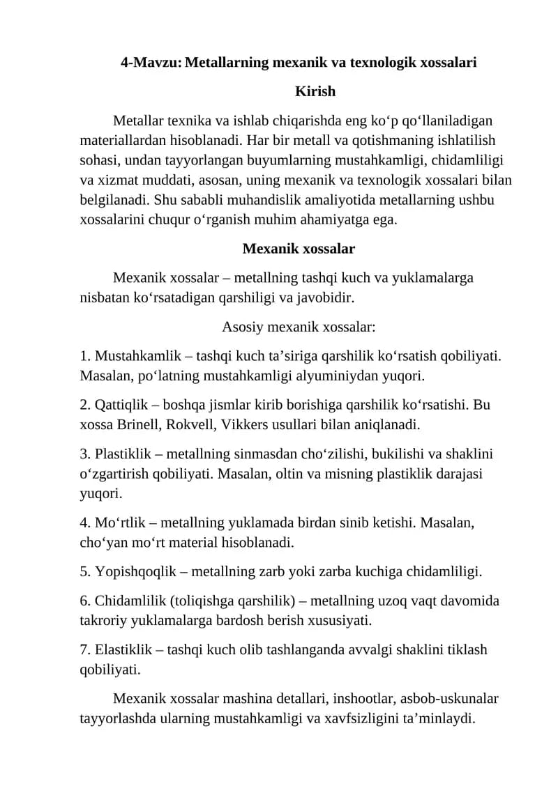 Metallarning mexanik va texnologik xossalari
