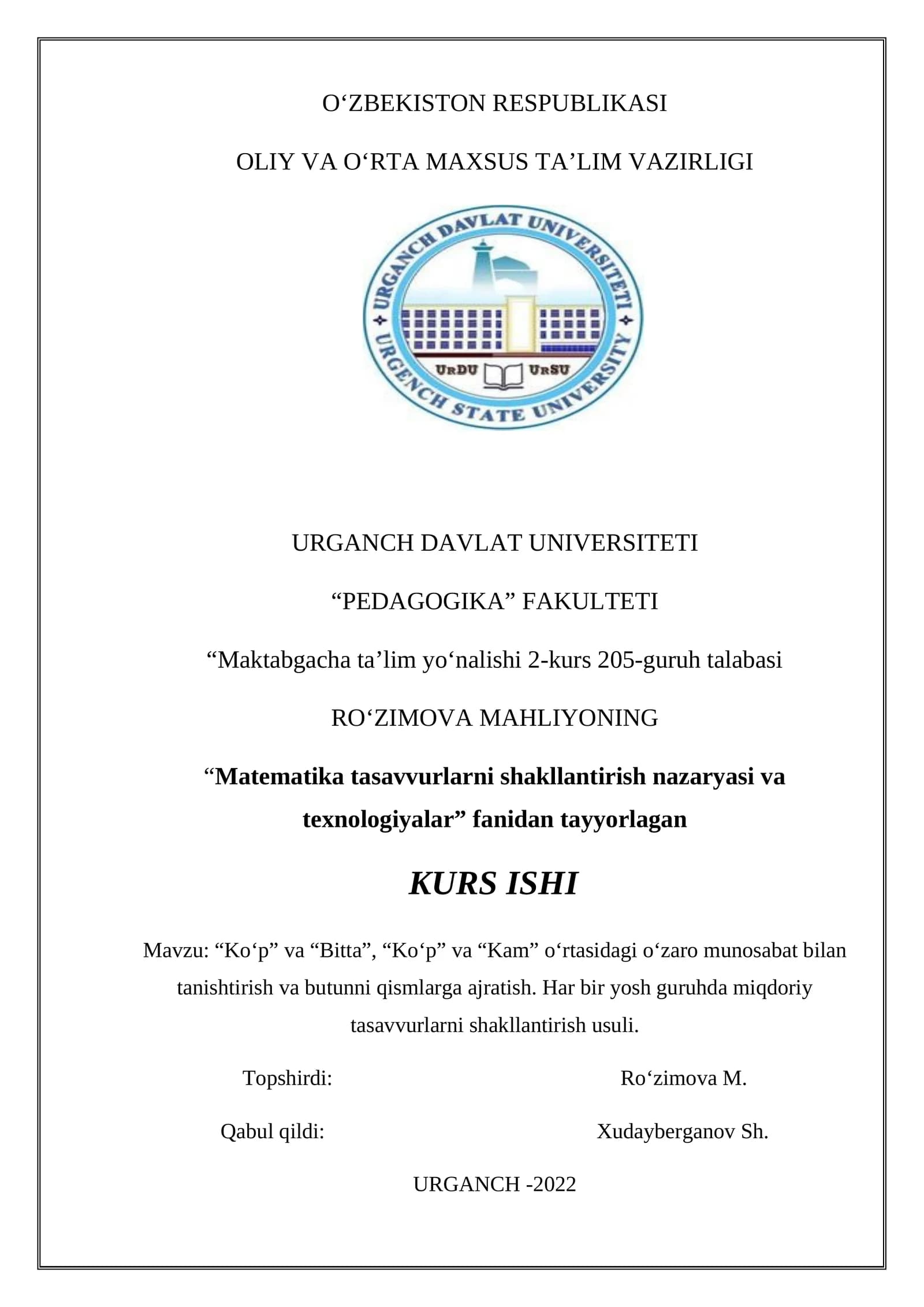 Maktabgacha ta’lim yoʻnalishi 2-kurs 205-guruh talabasi