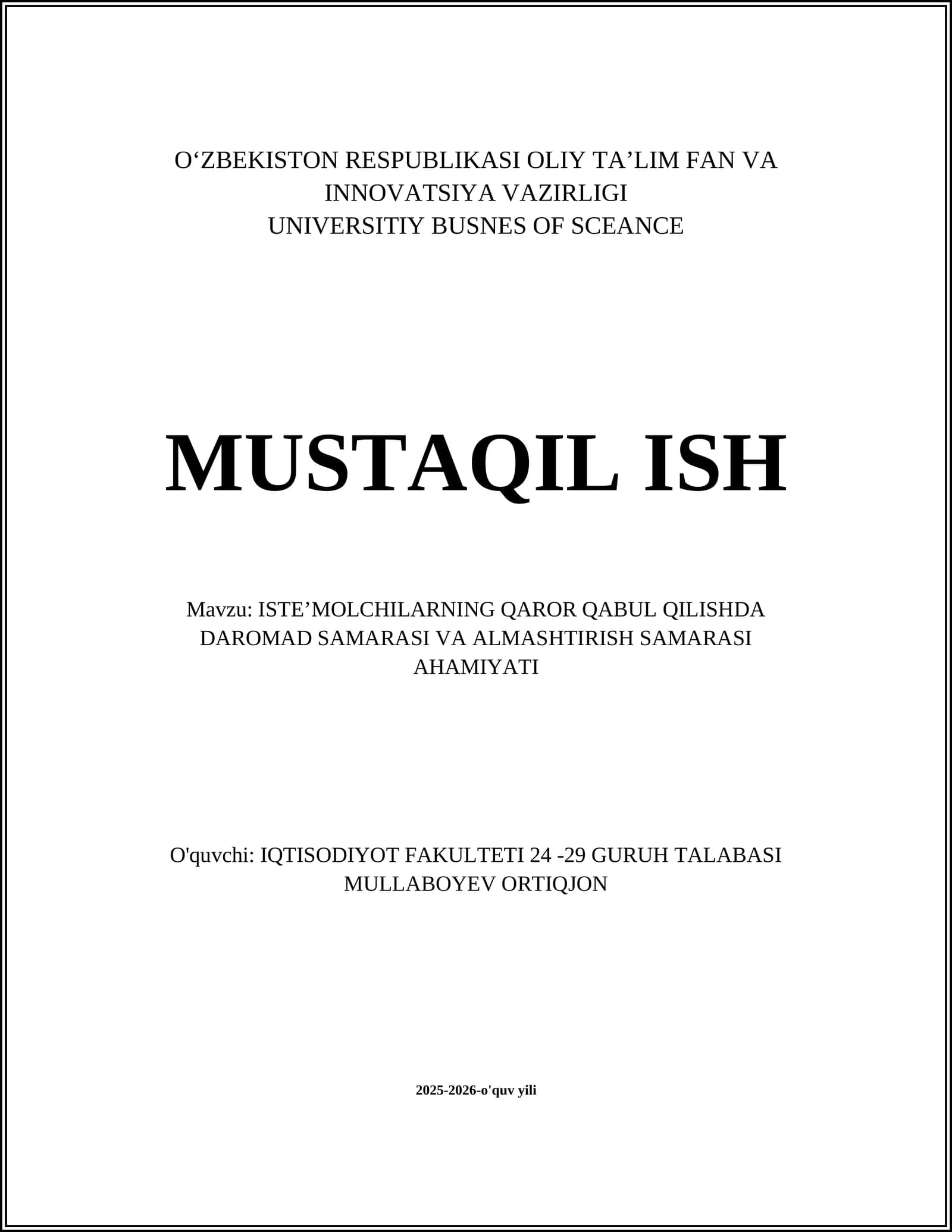 ISTEʼMOLCHILARNING QAROR QABUL QILISHDA DAROMAD SAMARASI VA ALMASHTIRISH SAMARASI AHAMIYATI