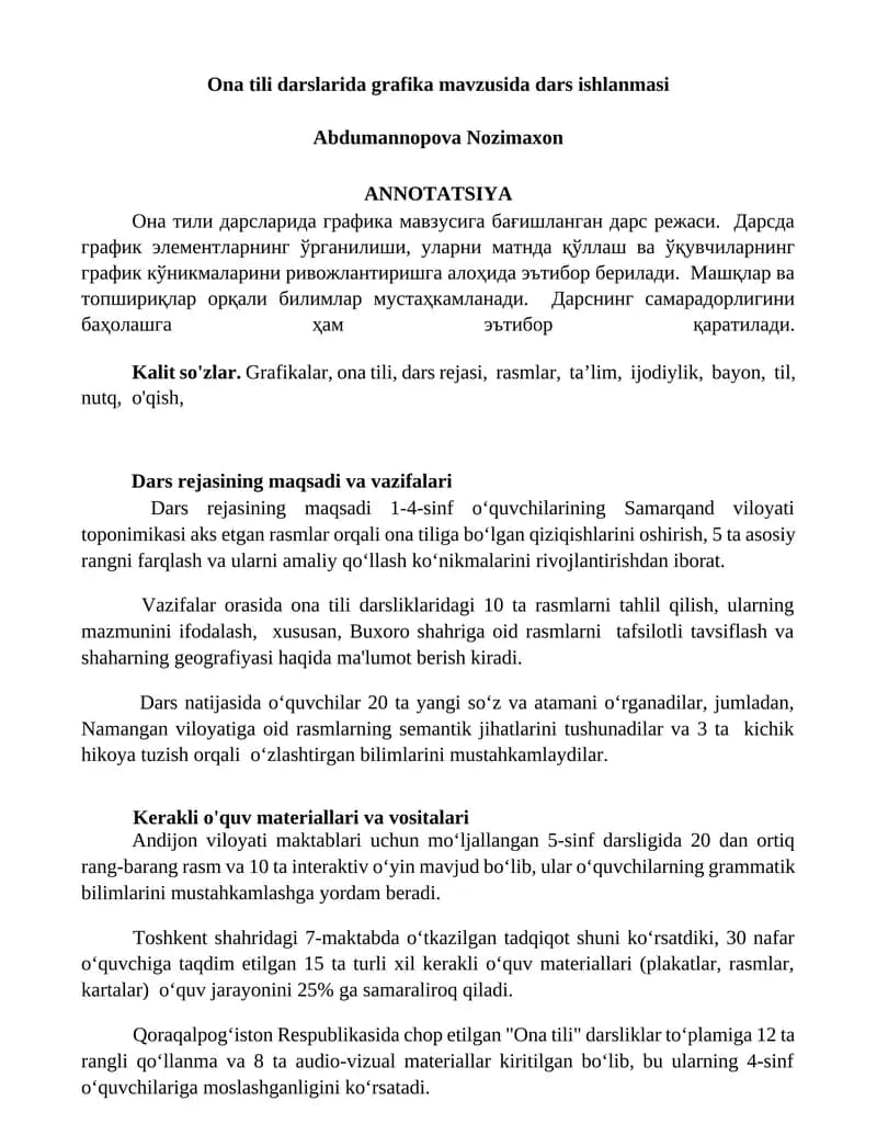 Ona tili darslarida grafika mavzusida dars ishlanmasi