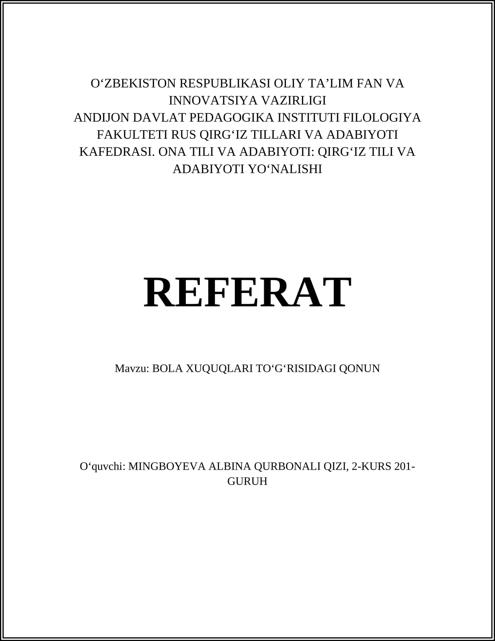 Mavzu: BOLA XUQUQLARI TOʻGʻRISIDAGI QONUN