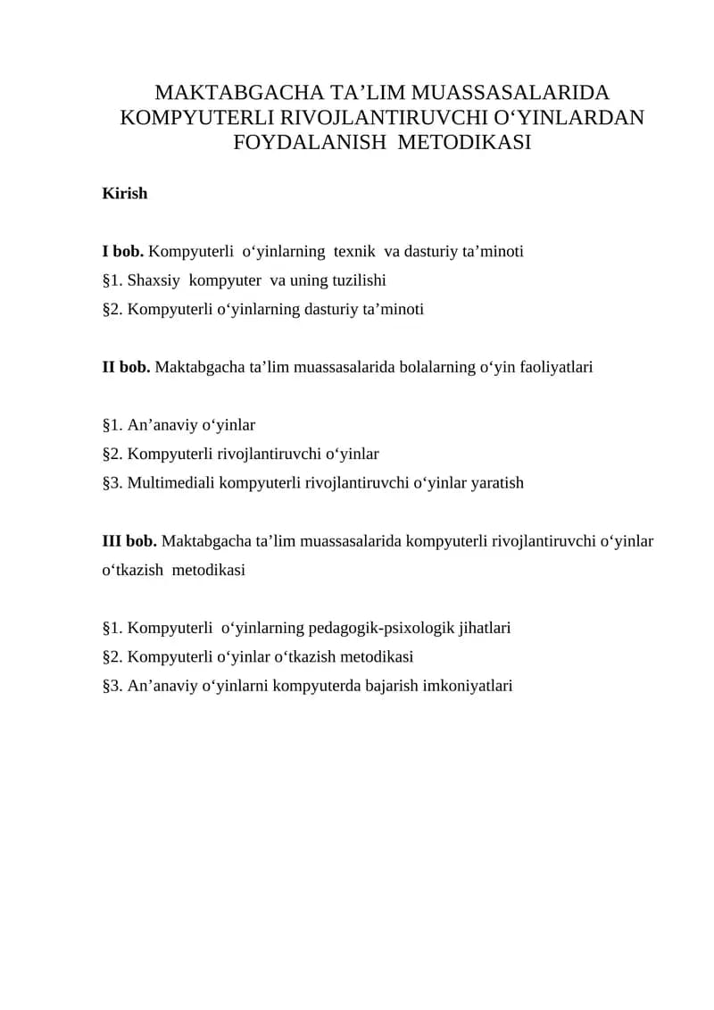 MAKTABGACHA TA’LIM MUASSASALARIDA KOMPYUTERLI RIVOJLANTIRUVCHI O‘YINLARDAN FOYDALANISH  METODIKASI