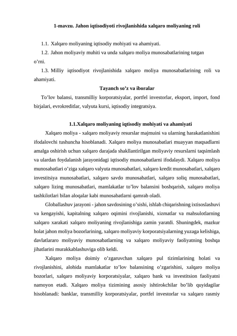 Jahon iqtisodiyoti rivojlanishida xalqaro moliyaning roli