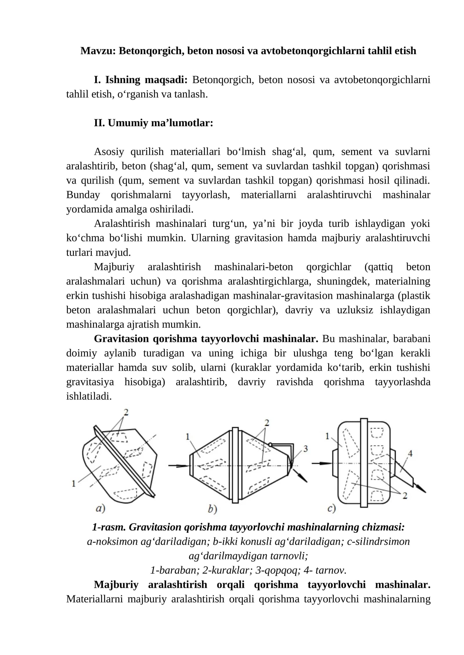 Betonqorgich, beton nososi va avtobetonqorgichlarni tahlil etish