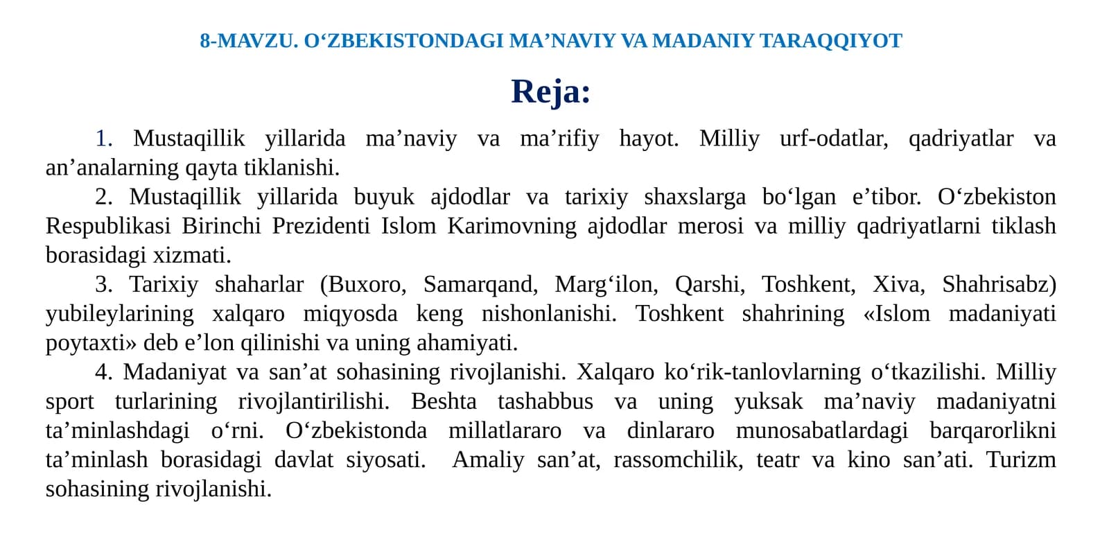 O‘ZBEKISTONDAGI MAʼNAVIY VA MADANIY TARAQQIYOT