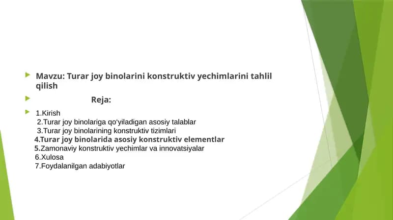 Turarjoybinolari konstruktivye chimlarini tahlil qilish