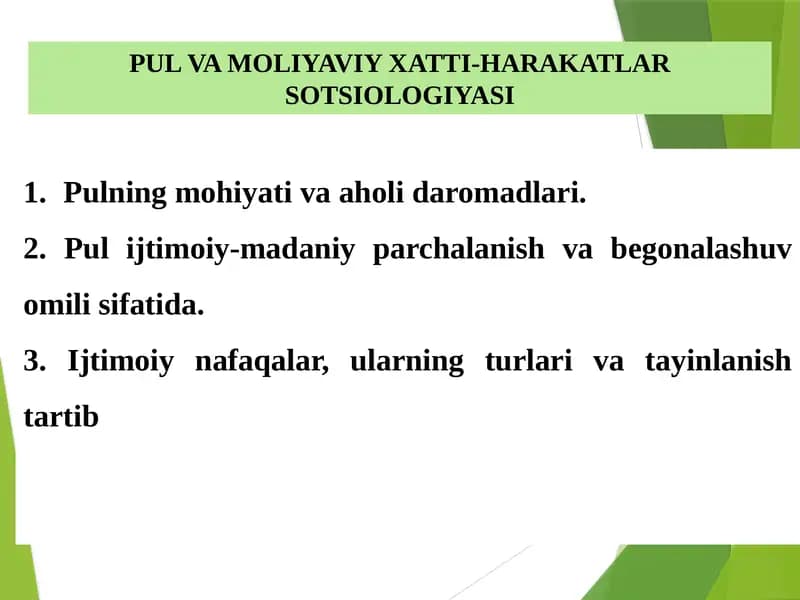 PUL VA MOLIYAVIY XATTI-HARAKATLAR SOTSIOLOGIYASI