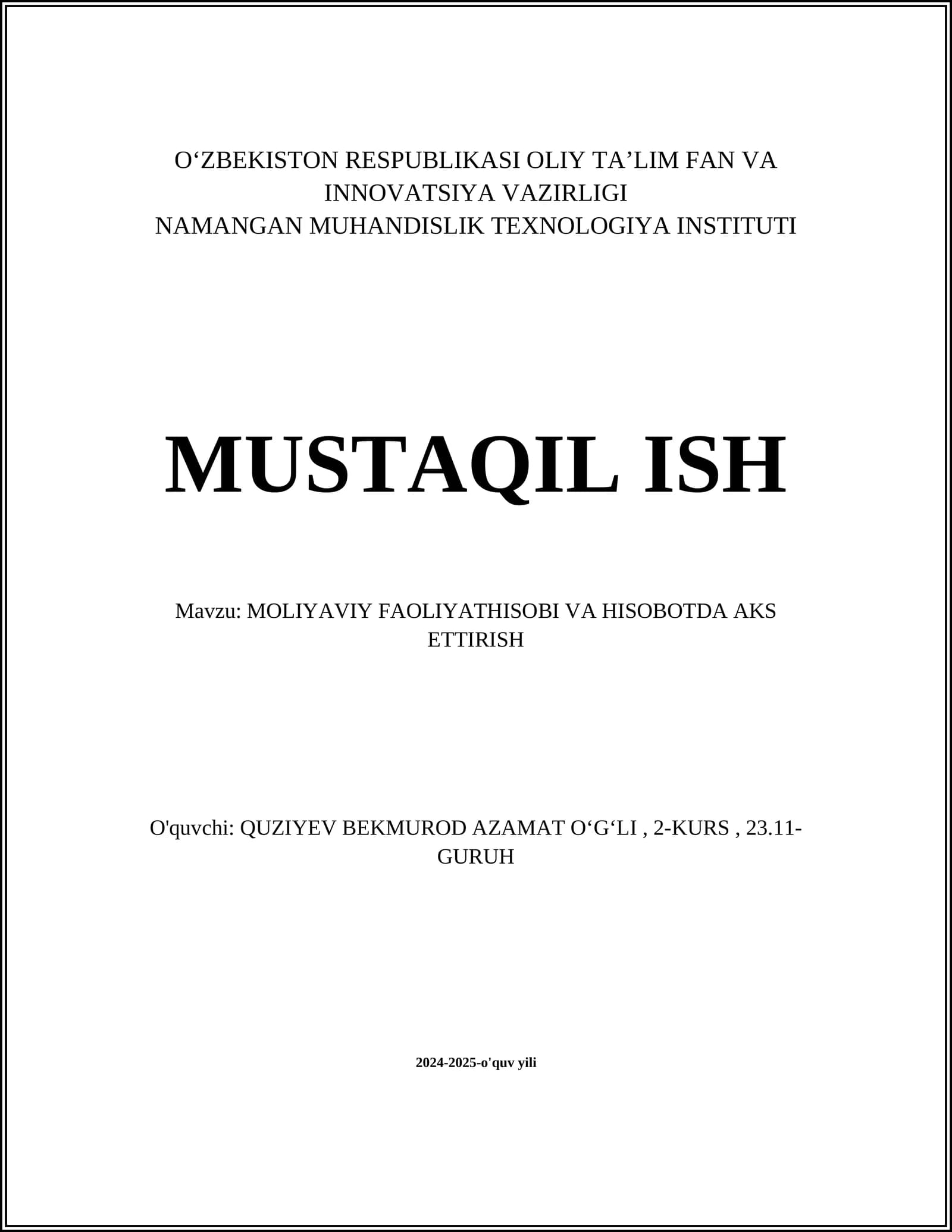 MOLIYAVIY FAOLIYATHISOBI VA HISOBOTDA AKS ETTIRISH