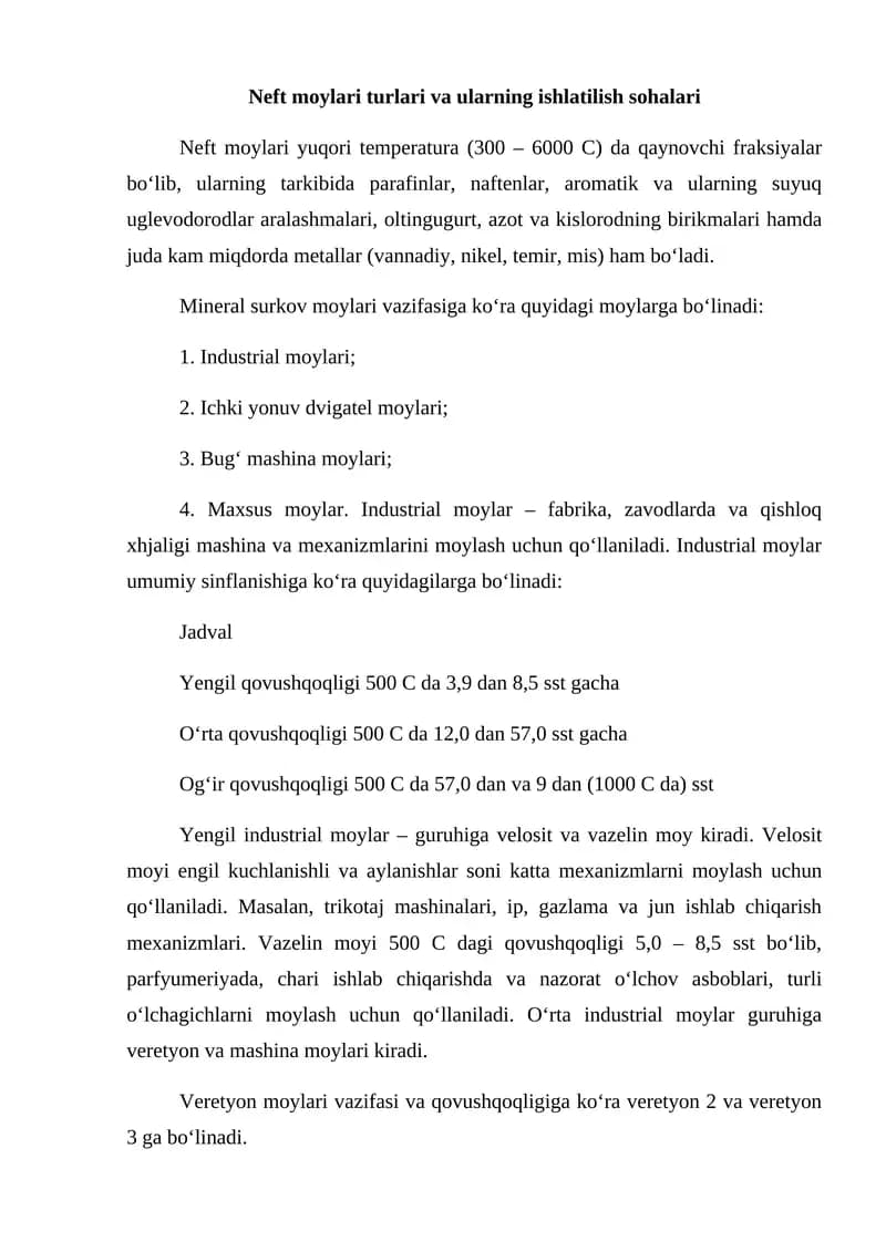 Neft moylari turlari va ularning ishlatilish sohalari