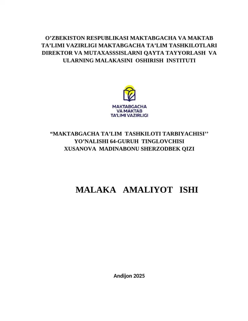 MAKTABGACHA TA’LIM TASHKILOTI TARBIYACHISI