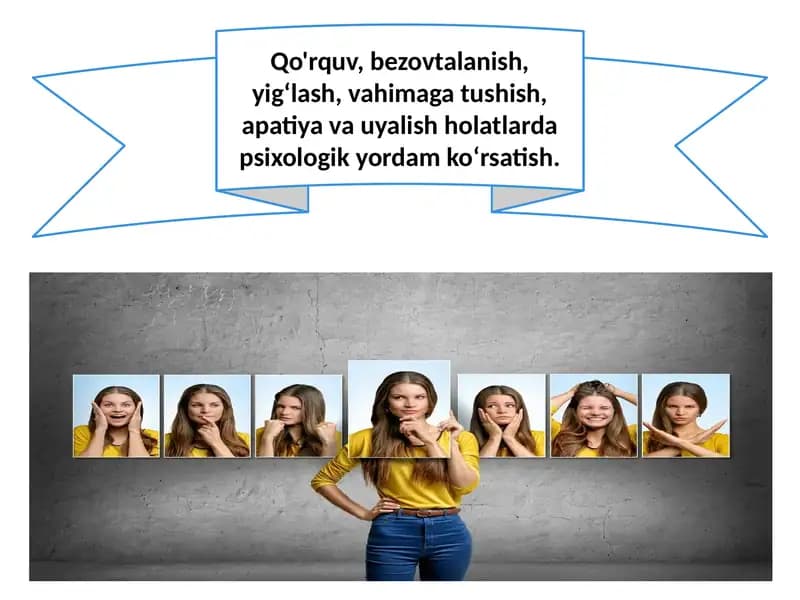 Qo'rquv, bezovtalanish, yigʻlash, vahimaga tushish, apatiya va uyalish holatlarda psixologik yordam koʻrsatish.