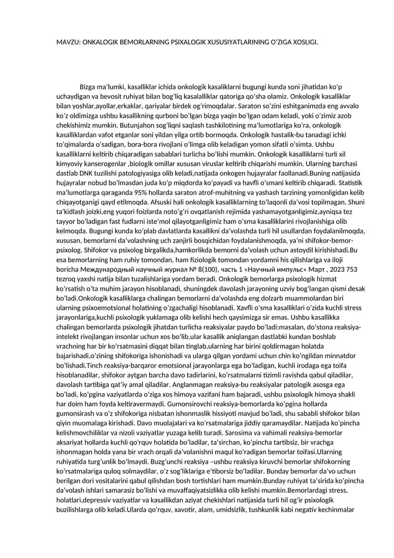Onkologik Bemorlarning Psixologik Xususiyatlari