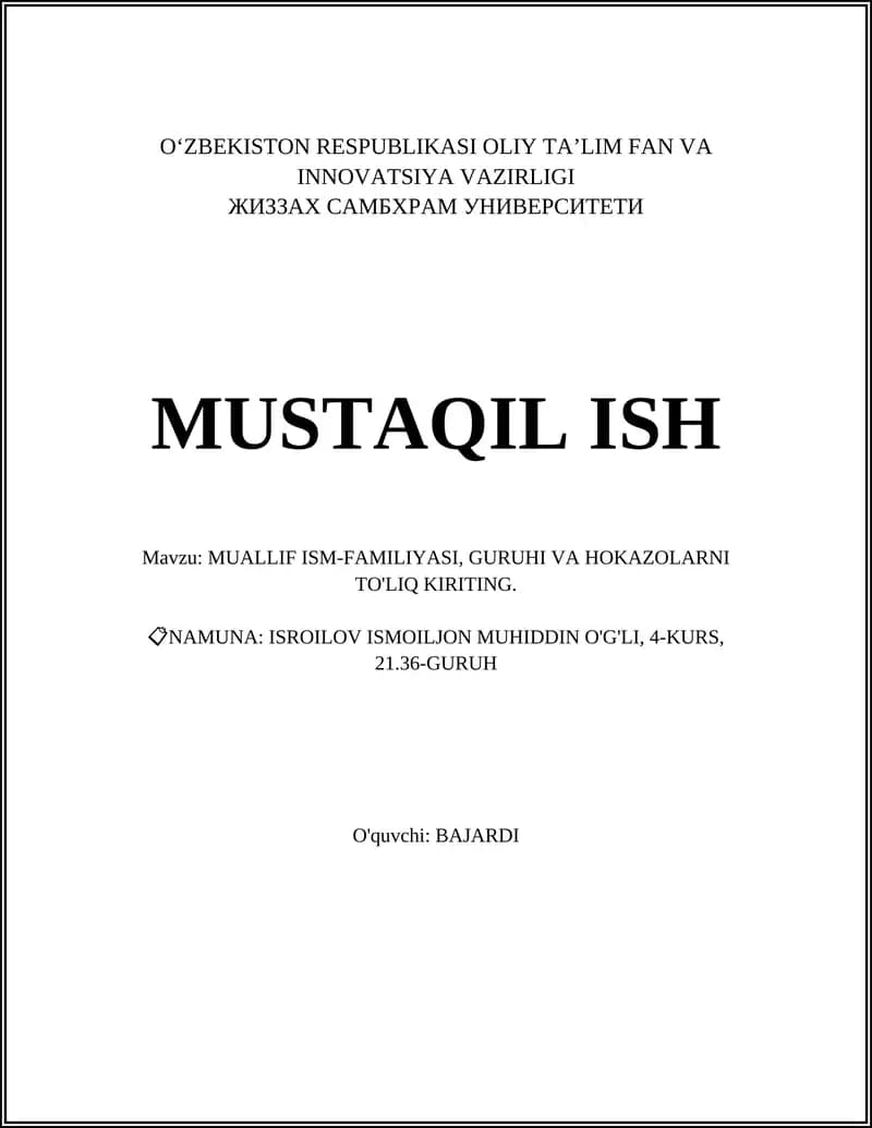 ISROILOV ISMOILJON MUHIDDIN O'G'LI, 4-KURS, 21.36-GURUH