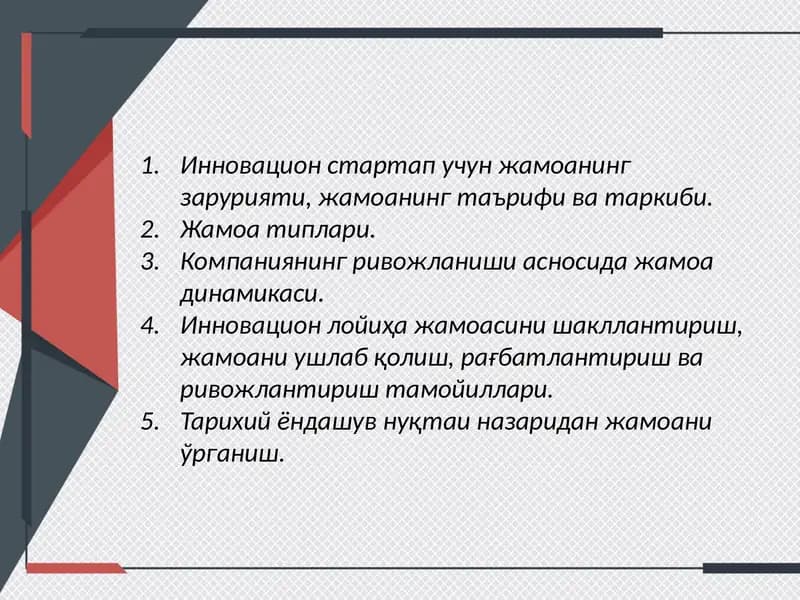 Инновацион стартап учун жамоанинг зарурияти, жамоанинг таърифи ва таркиби