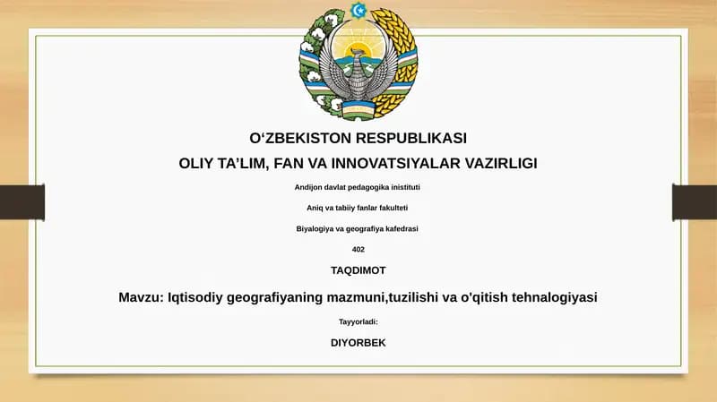 Iqtisodiy geografiyaning mazmuni, tuzilishi va o'qitish tehnalogiyasi