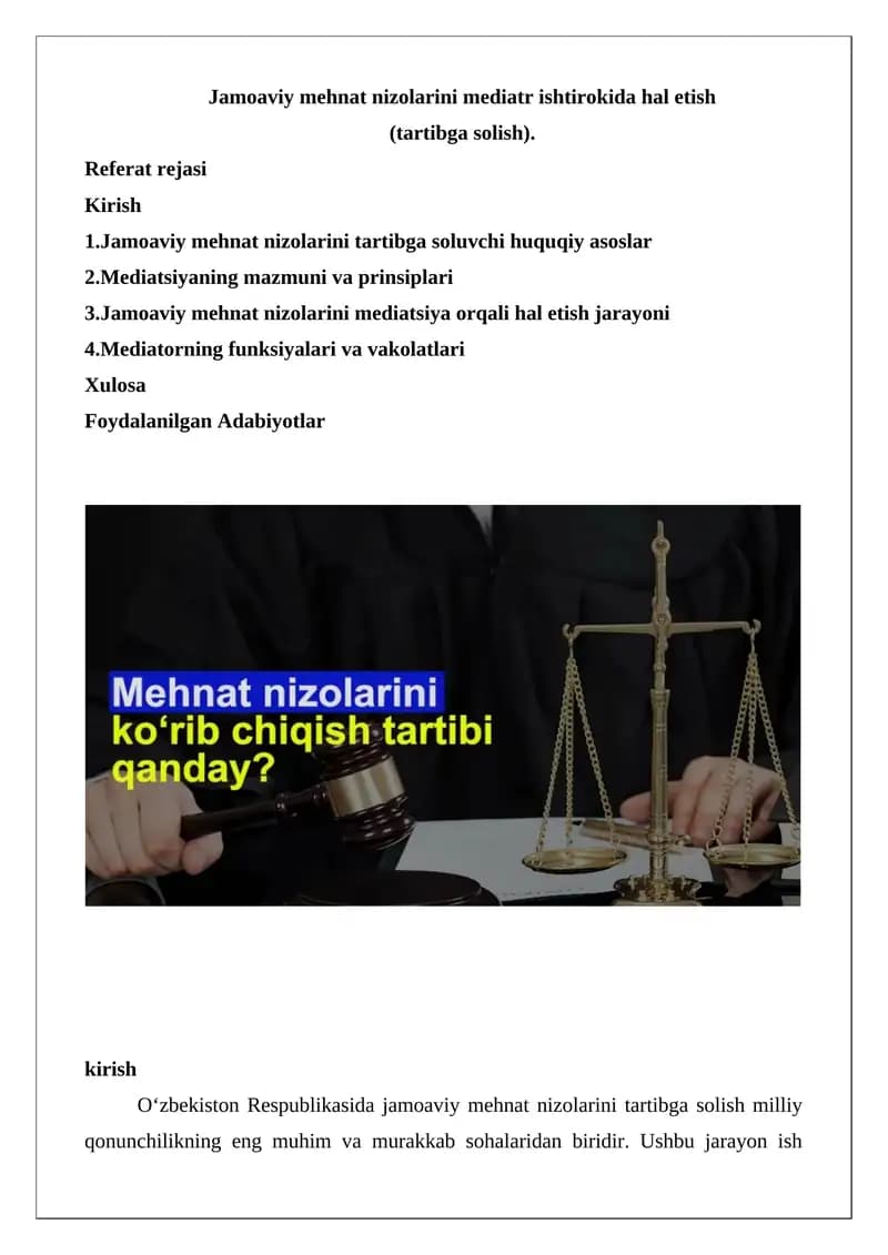 Jamoaviy mehnat nizolarini mediatr ishtirokida hal etish (tartibga solish) Referat
