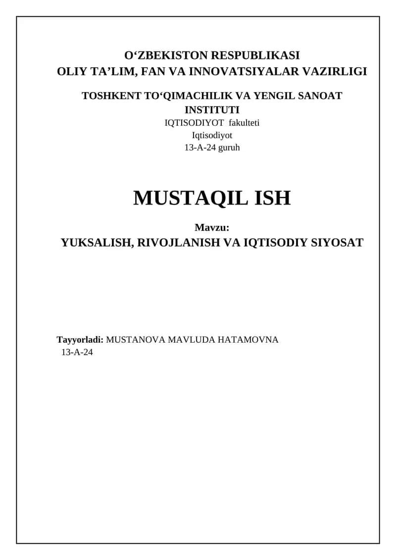 Yuksalish nazariyasi va iqtisodiy siyosat asoslari