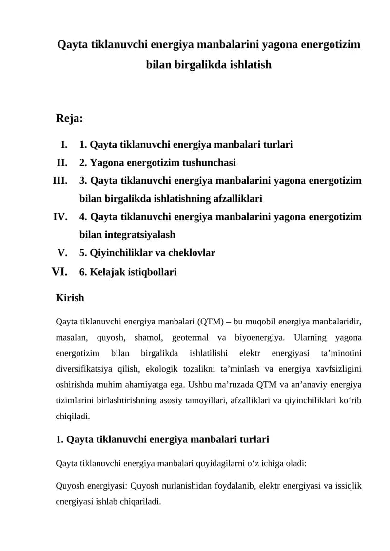 Qayta tiklanuvchi energiya manbalarini yagona energotizim bilan birgalikda ishlatish