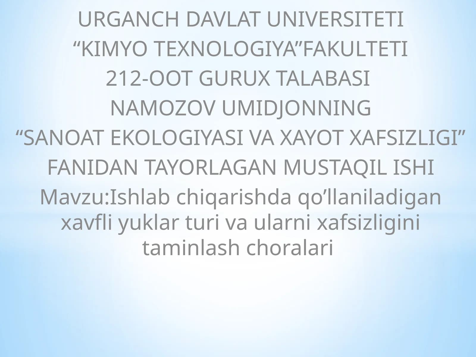 SANOAT EKOLOGIYASI VA XAYOT XAFSIZLIGI
