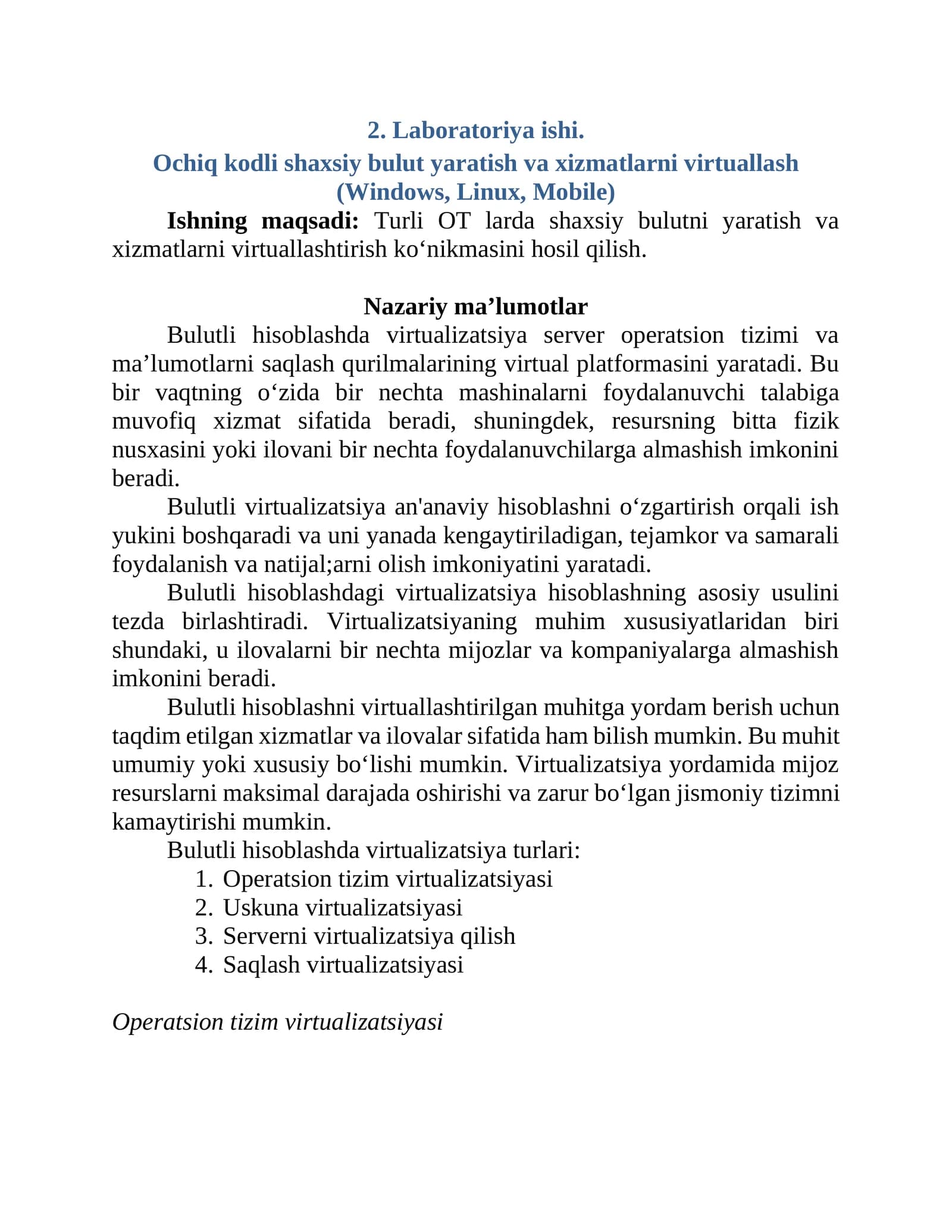 Ochiq kodli shaxsiy bulut yaratish va xizmatlarni virtuallash (Windows, Linux, Mobile)