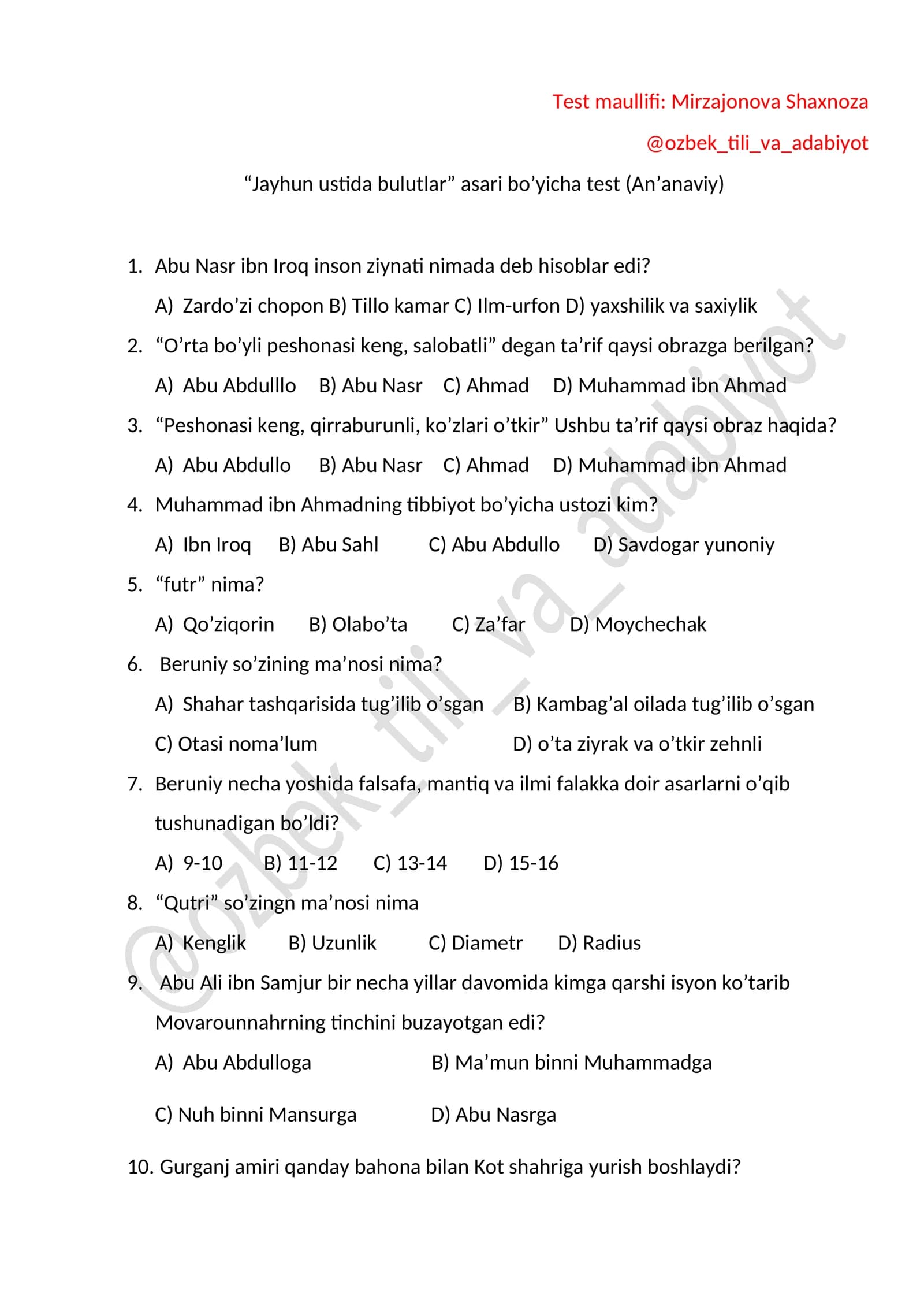 “Jayhun ustida bulutlar” asari bo’yicha test (An’anaviy)