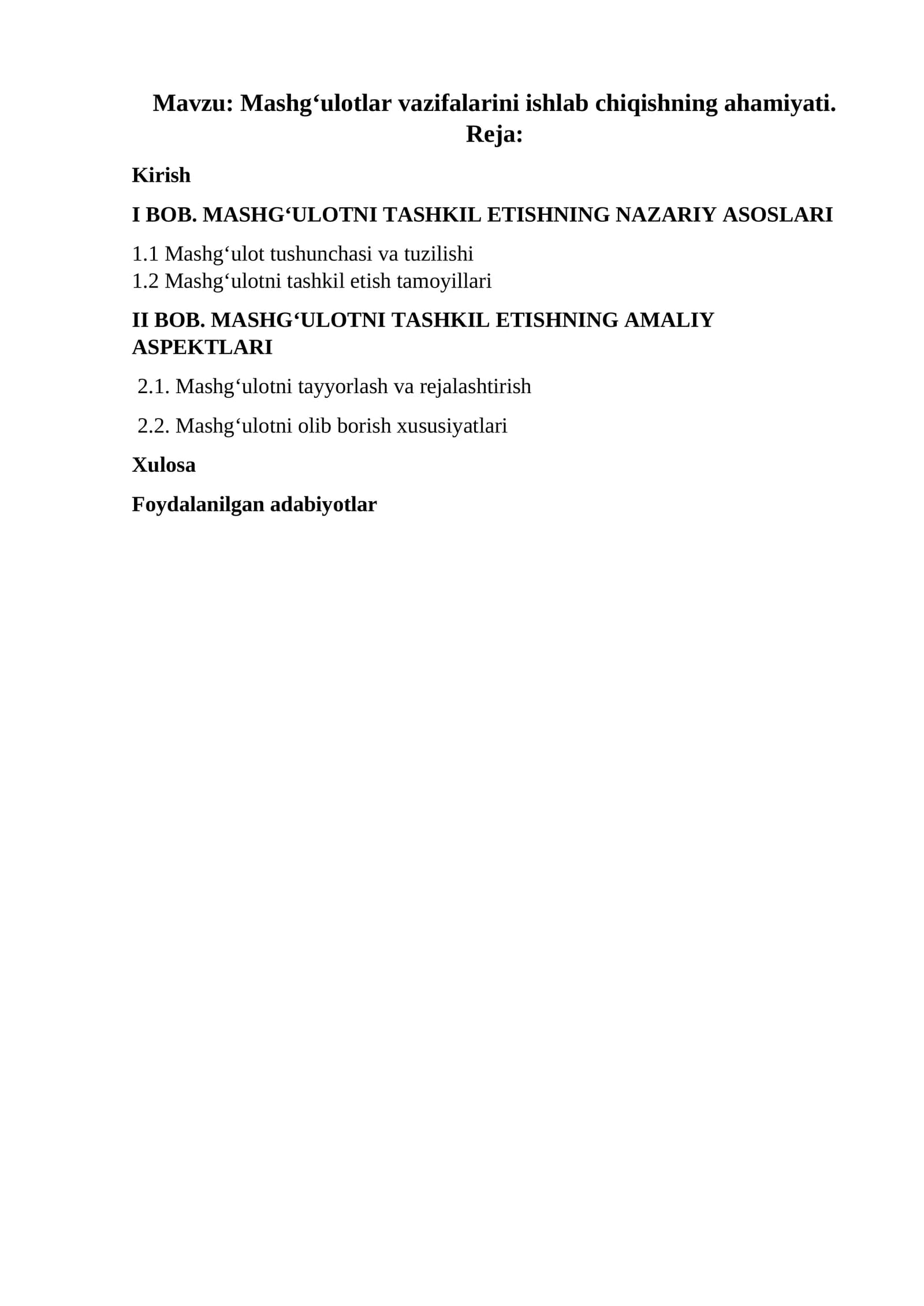 Mashg‘ulotlar vazifalarini ishlab chiqishning ahamiyati