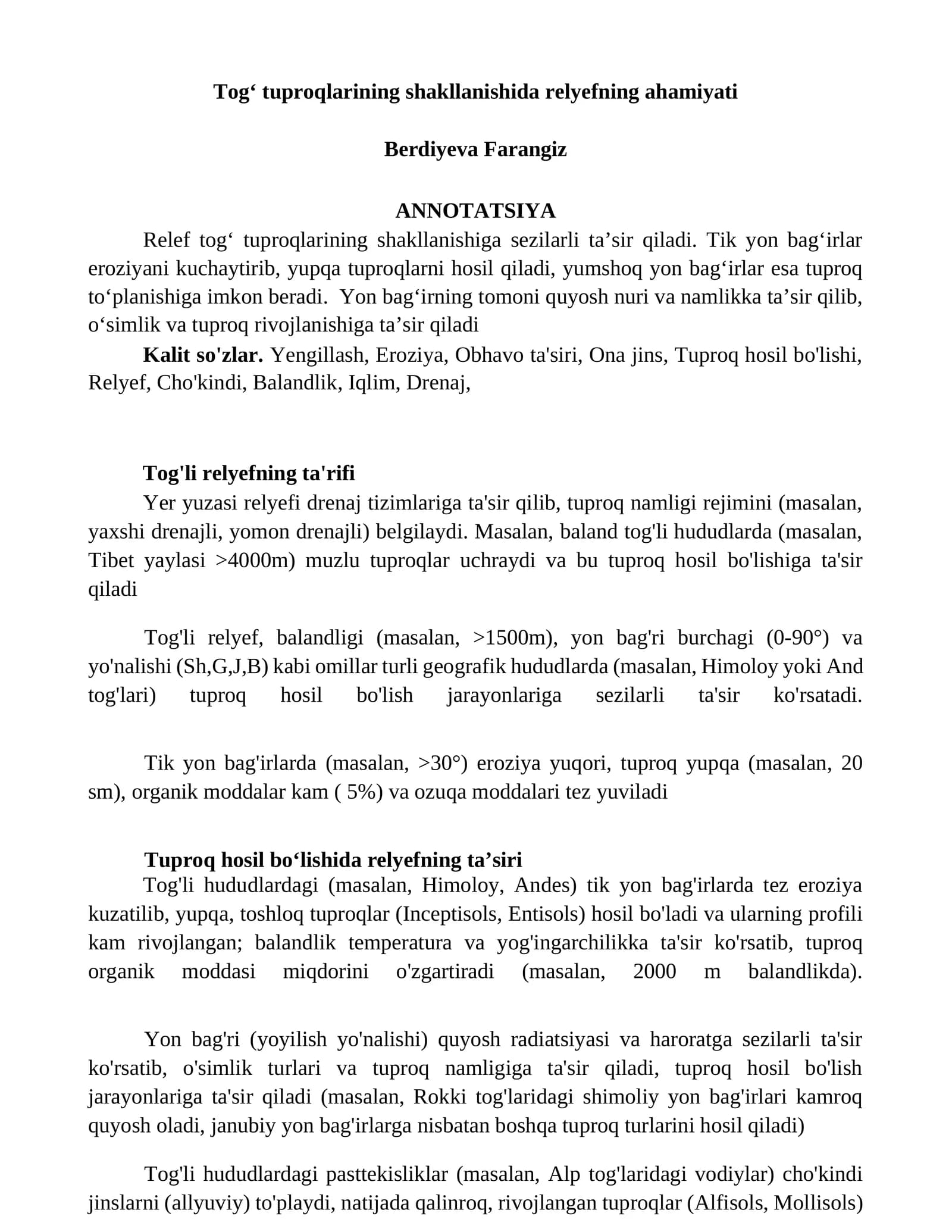 Tog' tuproqlarining shakllanishida relyefning ahamiyati
