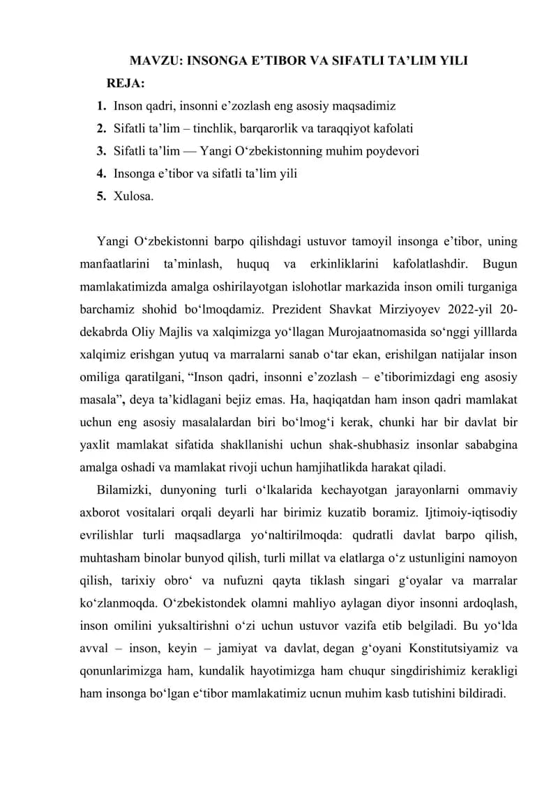 INSONGA E’TIBOR VA SIFATLI TA’LIM YILI