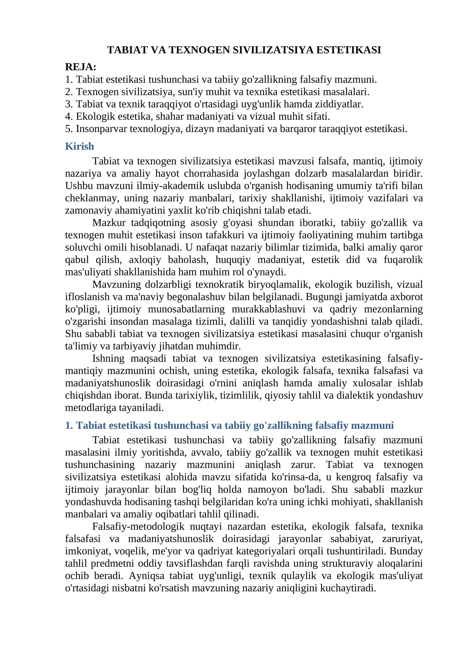 TABIAT VA TEXNOGEN SIVILIZATSIYA ESTETIKASI