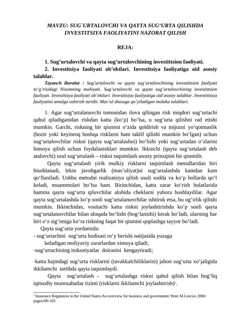SUG`URTALOVCHI VA QAYTA SUG‘URTA QILISHDA INVESTITSIYA FAOLIYATINI NAZORAT QILISH