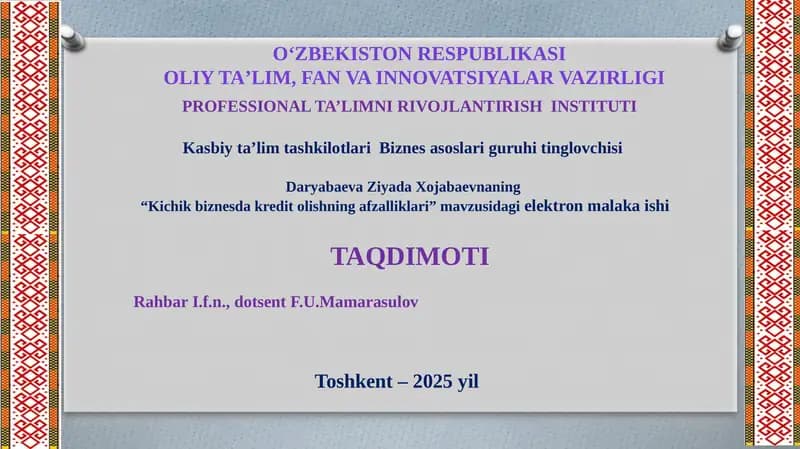 Kichik biznesda kredit olishning afzalliklari
