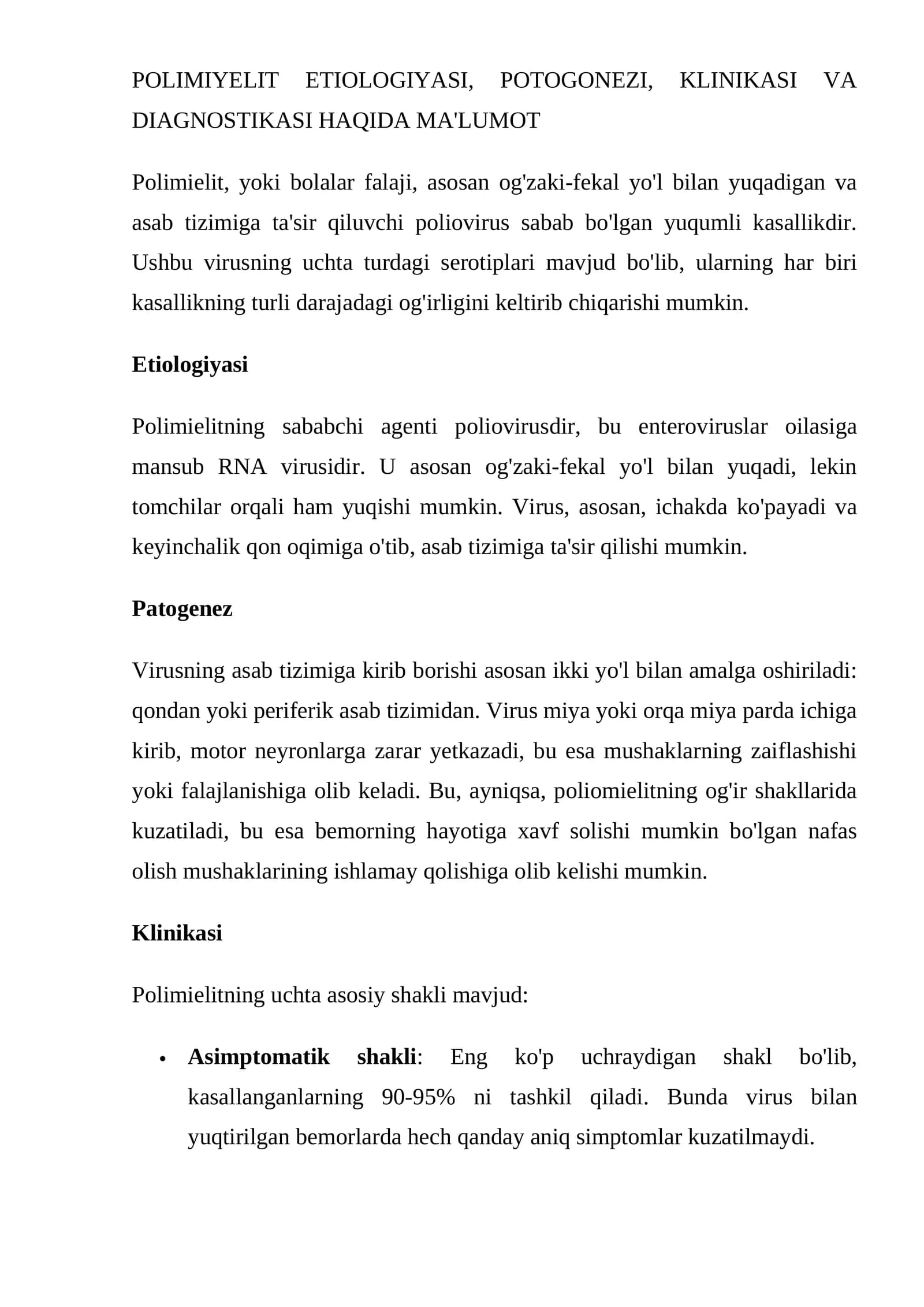 POLIMIYELIT ETIOLOGIYASI, POTOGONEZI, KLINIKASI VA DIAGNOSTIKASI HAQIDA MA'LUMOT